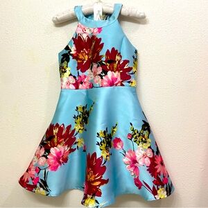 Zunie Girl’s Mikado Fit and Flare Dress - Blue Floral Halter Neck
